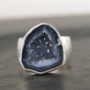 Dark Grey Lavender Druzy Geode Ring in Sterling Silver - sz 6.5